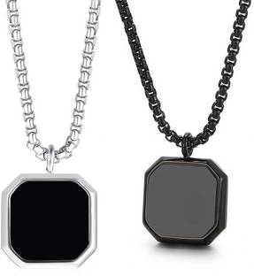 P. R. PRINTS X000263 Black & Silver Geometric Square Natural Stone Locket Pendant Box Chain Stainless Steel Necklace Set