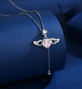Uniqon Silver Diamond AD Nug Pink Love Heart Moving Angel Wing Locket Pendant Necklace Silver Stainless Steel
