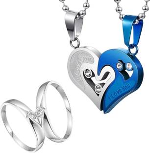 ringzinnie Friendship Day Gift For Couples. Pendant and Ring set for Best Friends Lovers. Alloy, Stainless Steel Necklace Set