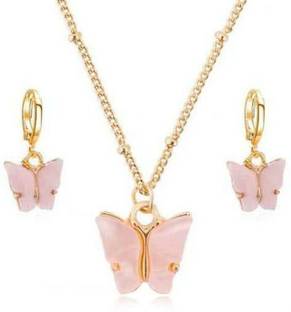 RosaStella Pink Butterfly Design Gold-plated Locket Metal Pendant Gold-plated Metal Pendant Set