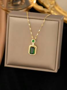 Karishma Kreations Gold Plated Stainless Steel Zircon Geometric Emerald Green Pendant for Women Gold-plated Stainless Steel Pendant