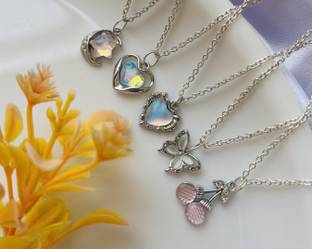 Sonisirani Set Of 5 Classy Trendy Aesthetic Silver Charm Pendant Necklace Silver Alloy Pendant