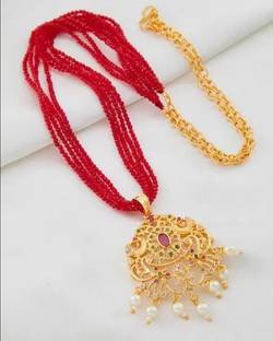 NANDANA COLLECTIONS ONE GRAM 1GM GOLD CZ Pendant with Red Chain 3line HYDRO FOR WOMEN Alloy