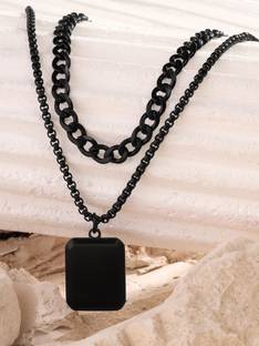 YELLOW CHIMES Black Layered Dog Tag Neck Chains for Men | Fashion Accessories for Men Copper Leather, Stainless Steel Pendant