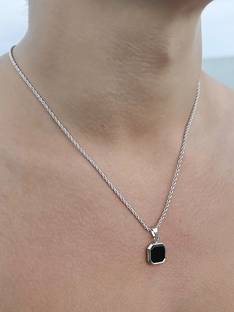 VIANSH Men And Women Black Onyx Octagon Inlay Square Pendant Amulet Silver Agate Stainless Steel Pendant