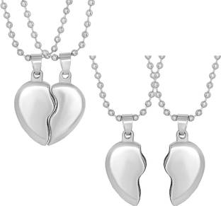 P. R. PRINTS 2 Pcs Silver Love Couple 2 in 1 Dual Broken Heart Locket Pendant Necklace Chain Silver Plated Stainless Steel Necklace Set