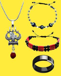 Dynamic Retail Global Shiva Mahadev Mahakal Locket Black Ring Men Religious Pendant Dori Bracelet 423Z Stainless Steel Pendant Set