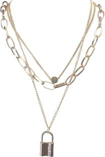 RVM Jewels 3 Layer Step Multi Layered Necklace Western Charm Lock Big Fat Chain Gold Plated Gold-plated Alloy