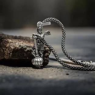 Animated Hanuman ji With Gada Silver Pendant Chain Silver Stainless Steel Pendant Set Silver Stainless Steel, Alloy, Silver Pendant