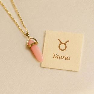 Astrotalk Taurus Rose Quartz Pencil Pendant with Brass Chain | Zodiac Jewelery | Quartz Crystal Pendant