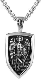 Lila Saint St Michael Archangel Medal Shield Pendant Mythological Catholic AngelGuard Stainless Steel Pendant Set