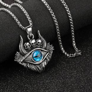 P. R. PRINTS Demon Oxhorn Gothic Blue Eye Skull Pendant Chain for Men & Boy Silver Plated Stainless Steel Necklace Set