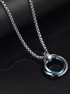 Alvira 3 Circle Blue Ring Pendant with 24inch Stainless Steel Box Chain Rhodium, Silver Stainless Steel Locket