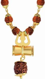Mangal Lord Shiva Trishul Damru Locket With Gold Plated Caps Rudraksha Mala Gold-plated Brass, Wood Pendant Set