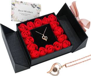 M MOOHAM Red Rose Gift Box with I Love You Necklace in 100 Language For Women, Girls Acrylic Pendant Set
