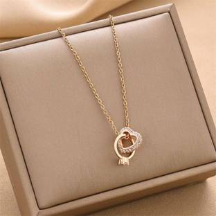 Wynona Rose Gold Plated Heart and Diamond Ring Interlock Pendant Necklace Cubic Zirconia Sterling Silver, Copper Plated Sterling Silver, Stainless Steel Necklace