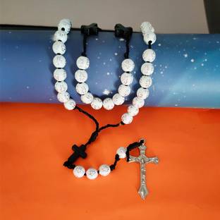 Sullery Religious Antique French catholic Rosary with White Beads Center Cross Rhodium Crystal Pendant