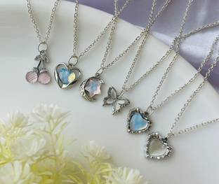 Sonisirani Set Of 6 Classy Trendy Aesthetic Silver Charm Pendant Necklace Silver Alloy Pendant