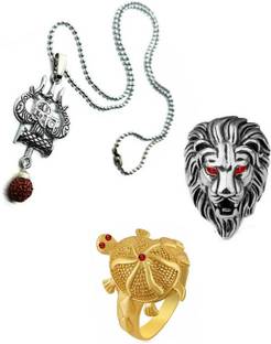 Dynamic Retail Global Shiva Mahadev Mahakal Locket Pendant Necklace Lion & Tortoise Turtle Rings Q82R Stainless Steel Pendant Set