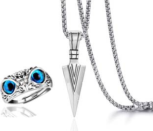 Smykker Fashion Silver Arrow Pendant & Owl Ring for Men and Boys Stylish Biker/Party Wear Silver Plated Stainless Steel Chain