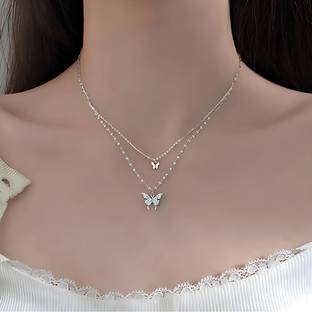 CARIA Silver Shiny Butterfly Double Layer Charming Pendant Necklace For Women Stainless Steel Pendant