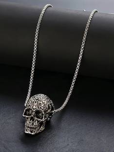 RAPPERSSHOP Stainless Steel Skull Head Pendant with Box Chain Sterling Silver, Rhodium Stainless Steel Pendant Set