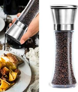 Sugalsu Salt and Pepper Grinder Tall Size Pepper, Herb Shakers Mill Refillable Manual Glass, Steel Traditional Pepper Mill