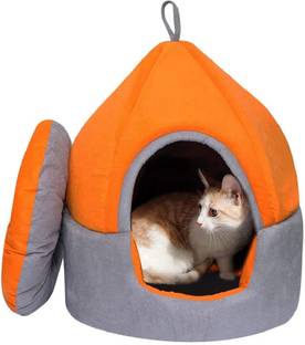 Guru Dog Puppy & Cat Hut House with Removable Cushion, Orange, M, LWH, 60x60x68 M Pet Bed