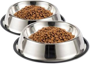 TRAUM Dog Dishes Cat Bowl Food with Rubber Medium Dogs, Cats, Puppy ( PACK OF 2 ) Stainless Steel Pet Bowl