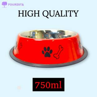 FOURESTA Dog Bowl 700 ml Round Stainless Steel Food Water Feeding Bowl for Dogs (Red) Round Stainless Steel Pet Bowl