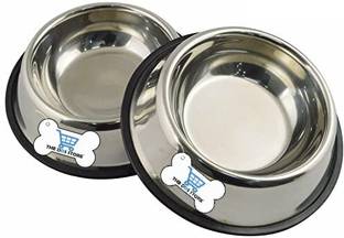 THE DDS STORE Anti Skid Stainless Steel Travel Feeding Food Water Bowl Dish 400 ML Set of 2 Stainless Steel Pet Bowl