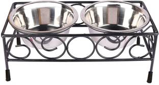 J A HANDICRAFTS Food And Water Bowls With Iron Stand (Large (900 Ml X 2 Bowl)) Stainless Steel, Iron Pet Bowl