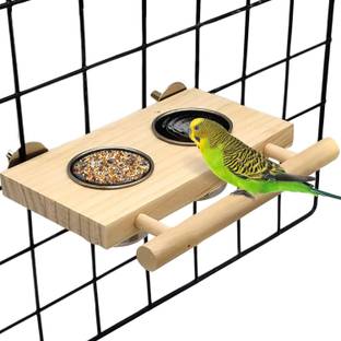 KUTKUT Bird Food & Water Stainless Steel Cups Wooden Perch Stand Hanging Feeder Bowls Wooden, Stainless Steel Pet Bowl