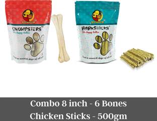 Foodie Puppies Treat Combo for Dogs and Puppies - Chompster 8inch 6 Bones, Chicken Stick 500gm Chicken Dog & Cat Chew