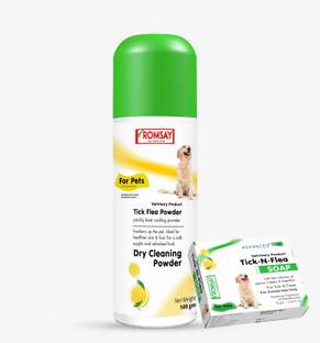 ROMSAY Tick & Flea Lemon Powder 140GM With Tick & Flea Soap 75GM For Pets 215 ml Pet Coat Cleanser
