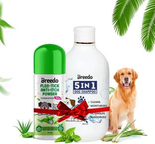 Breedo Dog & Cat (Combo of 2) Flea-Tick Anti-Itch Powder + Dog 5IN1 Shampoo 350 ml Pet Coat Cleanser