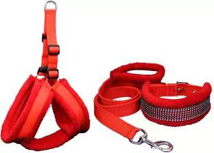 PETSPOPULAR Red Fur Adjustable Harness Collar & Leash Combo Dog Collar & Leash