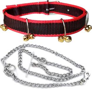 Quickato Good Quality Dog Belt Combo of Multicolor Nylon Ghungroo Collar with Dog Chain Dog Collar & Chain