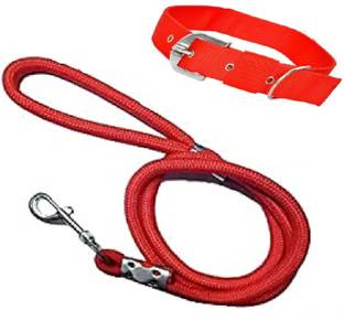 Quickato Good Nylon Dog Belt Combo of Red Dog Collar with Red Leash Lengthy Dog Collar & Leash