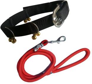 BODY BUILDING Nylon Dog Belt Combo of Black Ghungroo Collar with Red Lead 1.5m Lengthy Dog Collar & Leash