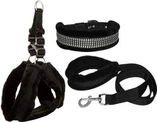 PETSPOPULAR Black Fur Adjustable Harness Collar & Leash Combo Dog Collar & Leash
