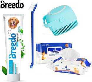Breedo (Combo of 4 ) Dog Toothpaste + Wipes + Scrub + Teeth Brush For All Breed Dogs Basic Comb for  Dog & Cat, Dog, Monkey, Rabbit, Hamster