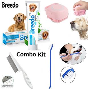 Breedo (Combo of 4 ) Toothpaste + Teeth Brush + Flea Comb + Scrub For All Breed Dogs Basic Comb for  Dog & Cat, Dog, Monkey, Rabbit, Hamster