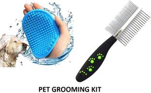 PetJoy Double Sided Steel Shedding Comb with Bath Scrub Glove, Pet Grooming Kit Basic Comb for  Dog & Cat