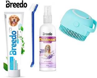 Breedo (Combo of 4) Toothpaste + Teeth Brush + Body Spray + Scrub For All Breed Dogs Basic Comb for  Dog & Cat, Dog, Monkey, Rabbit, Hamster