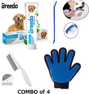 Breedo (Combo of 4 )Toothpaste + Teeth Brush + Flea Comb + Gloves For All Breed Dogs Basic Comb for  Dog & Cat, Dog, Monkey, Rabbit, Hamster