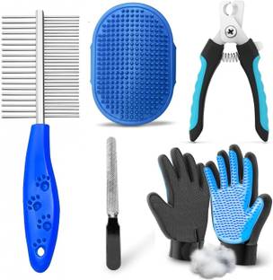YOUHAVEDEAL Dog Grooming Kit for Puppies & Dogs & Cats Pet Bath Brush Grooming Comb with Adjustable Ring + Dog Nail Clippers with Filer + Pet Bath Glove Grooming + Double Side Steel Comb for Puppy, Cat and Kitten - 4 in 1 Dog Combo (Color May Vary) Plain/ Bristle Brushes for  Dog, Cat, Guinea Pig, Hamster, Horse, Rabbit, Dog & Cat
