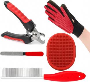 YOUHAVEDEAL Dog Nail Cutter with Filer + Pet Bath Brush Grooming Comb with Adjustable Ring + Pet Single Steel Comb + Pet Grooming Glove for Dog, Puppy, Cat and Kitten - 4 in 1 Dog Combo (Color May Vary) Plain/ Bristle Brushes for  Dog, Cat, Hamster, Rabbit, Mouse, Monkey, Squirrel