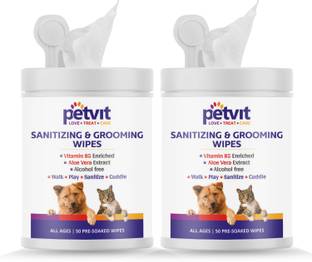 Petvit Cleansing & Grooming Wipes For Dog and Cat Enriched with Vitamin B5 and Aloe Vera - 50 Wipes | Pack of 2 Pet Ear Eye Wipes