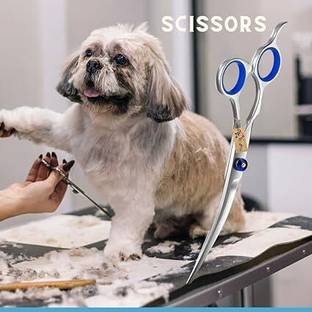 YMS Dog Grooming Up curved scissor, Heavy Duty, Titanium, Perfect Grip Silver Steel, Silver Pet Hair Trimmer
